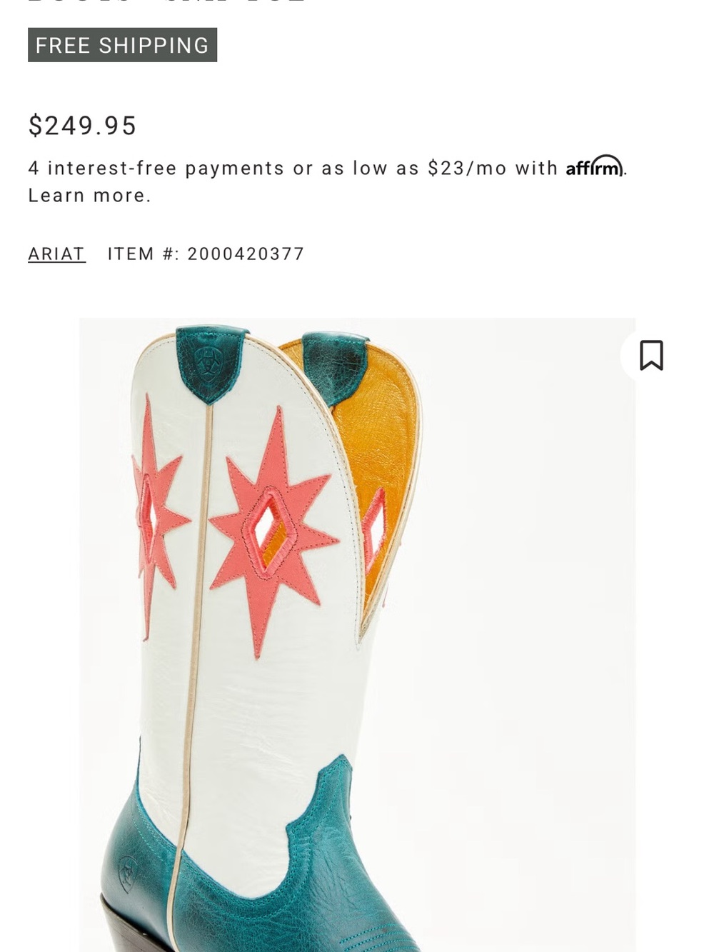 Ariat Teal, White and Pink Starlight Western Snip Toe Heeled Boots - Picture 2 of 2